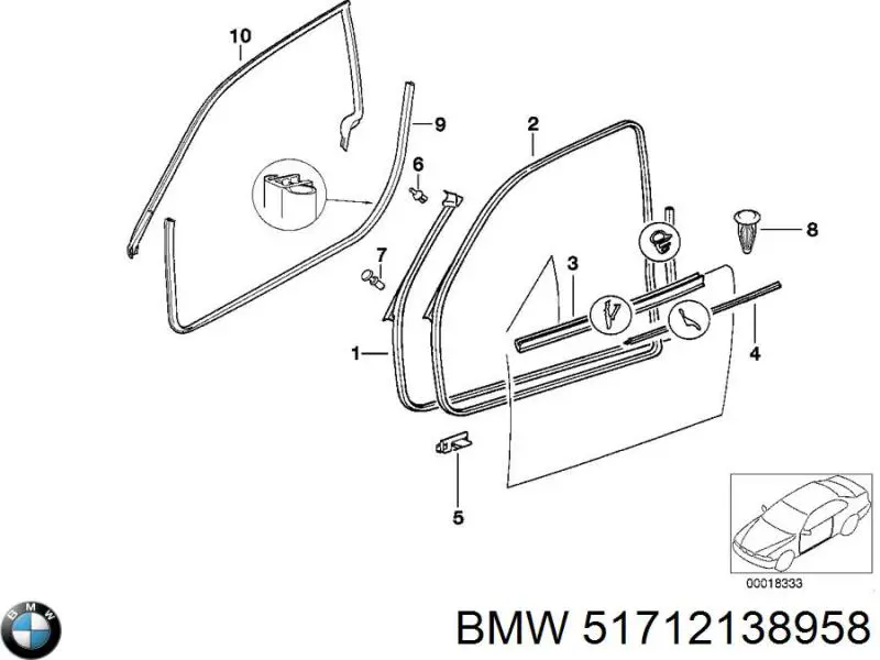 Ущільнювач двері передньо, правої (на двері) BMW 51712138958 ціна, від 703.94 USD