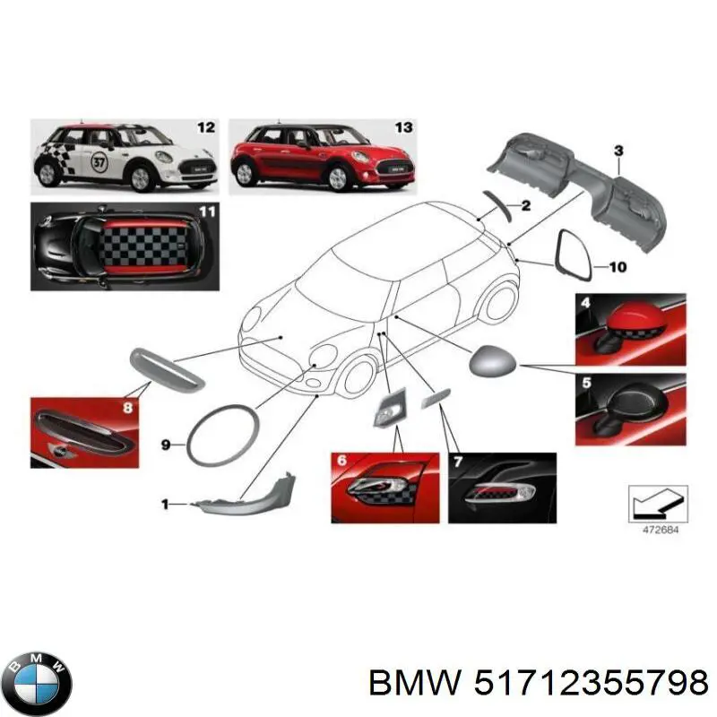 Рамка/облицювання фари правої BMW 51712355798 ціна, від 55.25 USD
