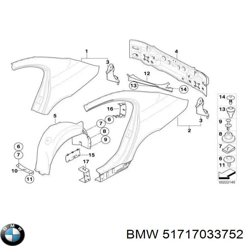 Підкрилок заднього крила, правий BMW 51717033752 ціна, від 27.53 USD