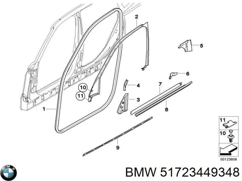 Ущільнювач дверей передніх, лівих (на кузові) BMW 51723449348 ціна, від 16.47 USD