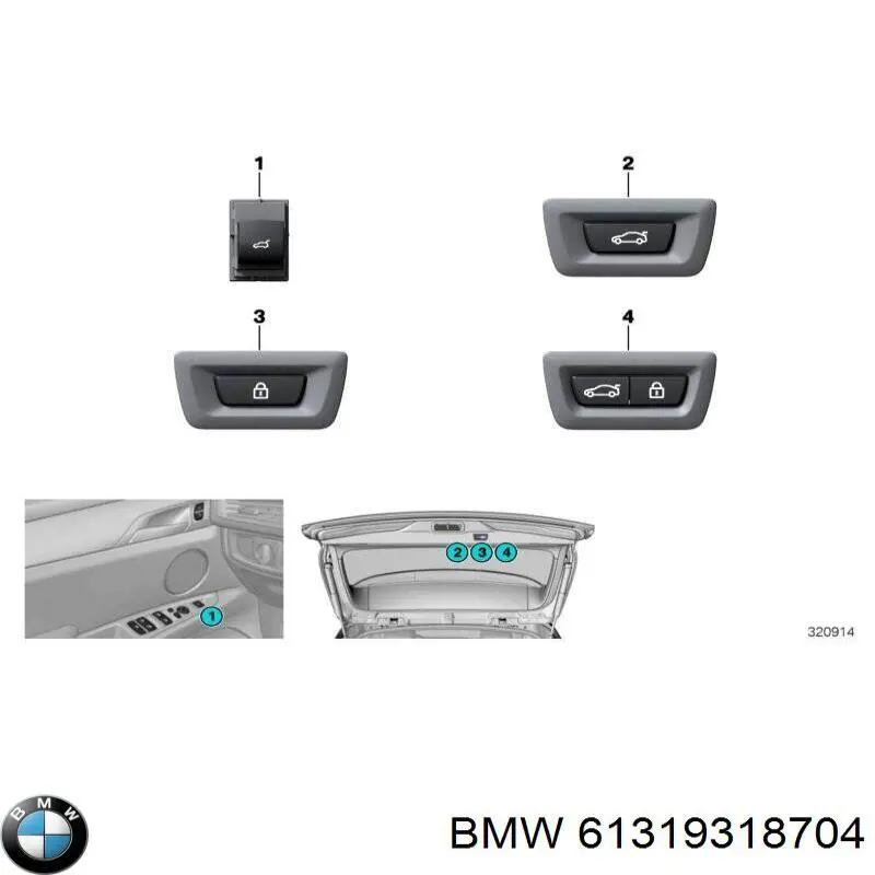 61319318704 BMW Кнопка салону приводу замка 3/5 дверей (ляди) / кришки багажника