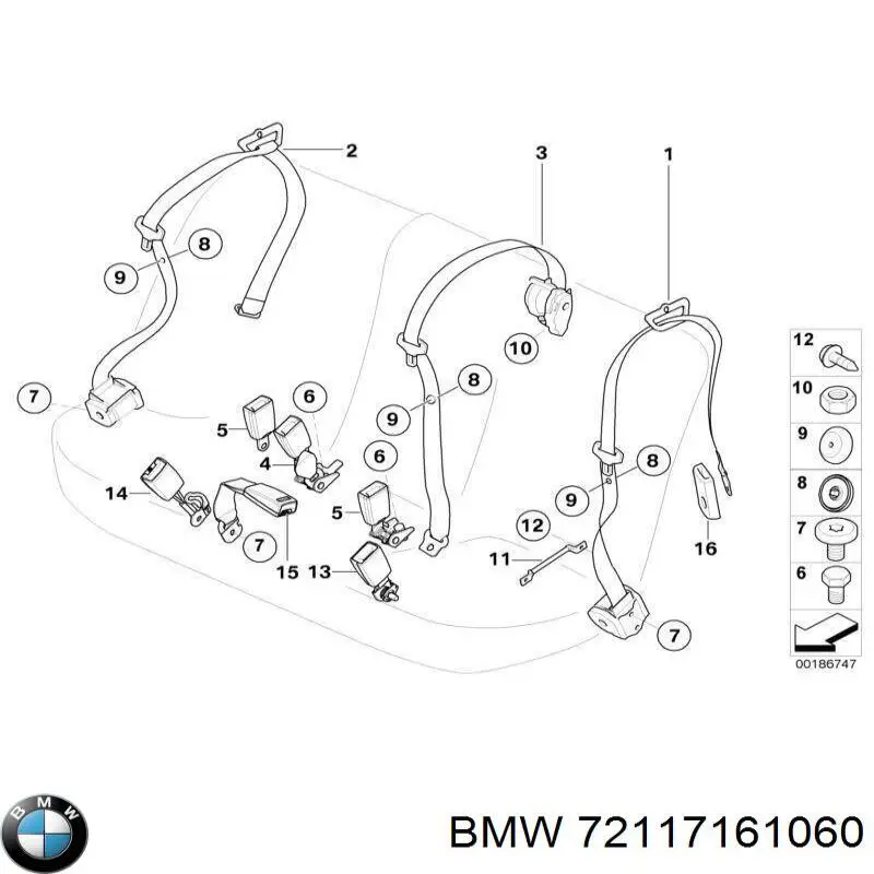 Пасок безпеки задній правий BMW 72117161060 ціна, від 10.24 USD