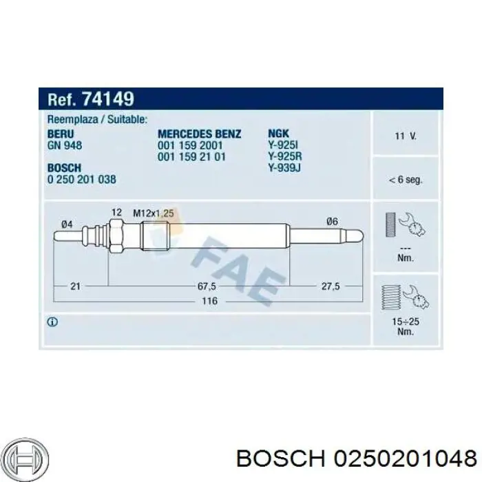 Купити 0250201048 Bosch Свічка накалу