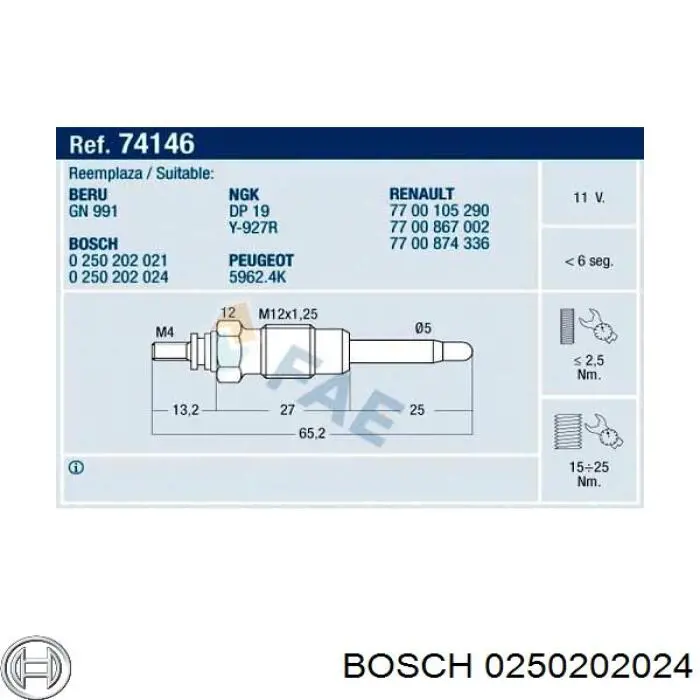 Свіча накалу Bosch 0250202024 ціна, від 10.15 USD