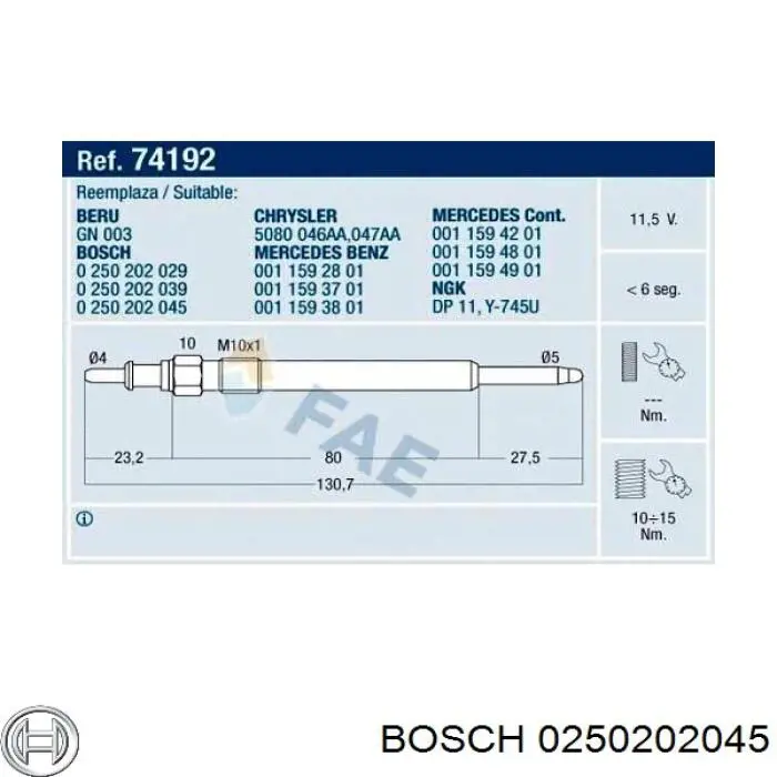 0250202045 Bosch свічка накалу