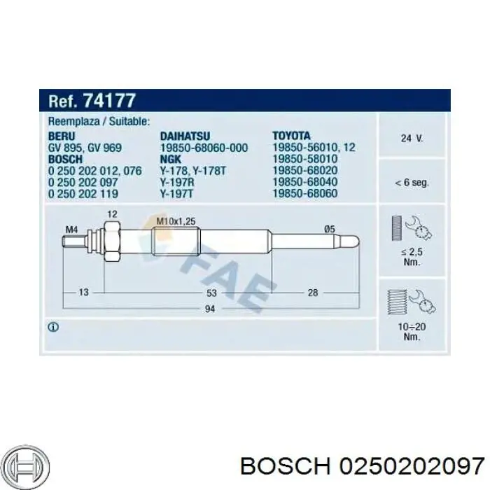 Свіча накалу Bosch 0250202097 ціна, від 13.30 USD