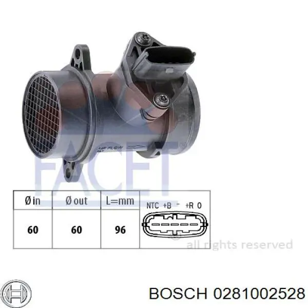 Датчик потоку (витрати) повітря, витратомір MAF - (Mass Airflow) 0281002528 Bosch