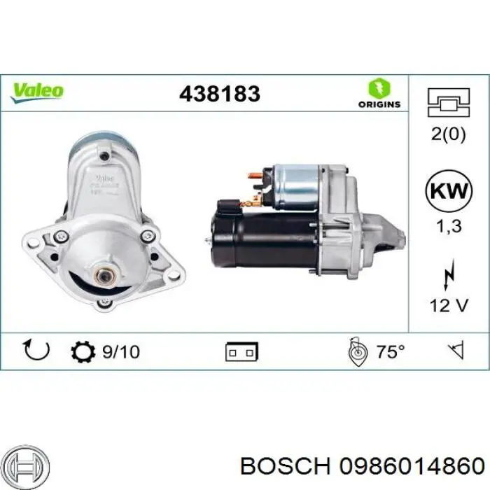 0986014860 Bosch Стартер (0,9 кВт, 12 В, D ведущей шестерни 17 мм, число зубцов 9)