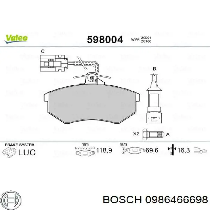 0986466698 Bosch колодки гальмівні передні, дискові