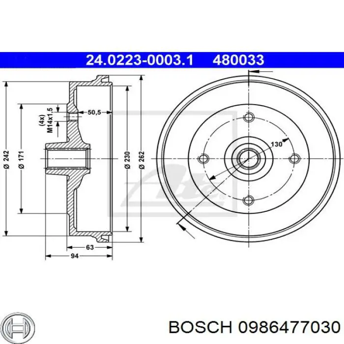 Барабан гальмівний задній Bosch 0986477030 ціна, від 44.35 USD