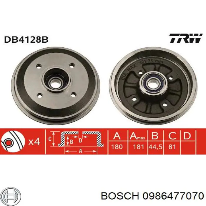Барабан гальмівний задній Bosch 0986477070 ціна, від 28.35 USD
