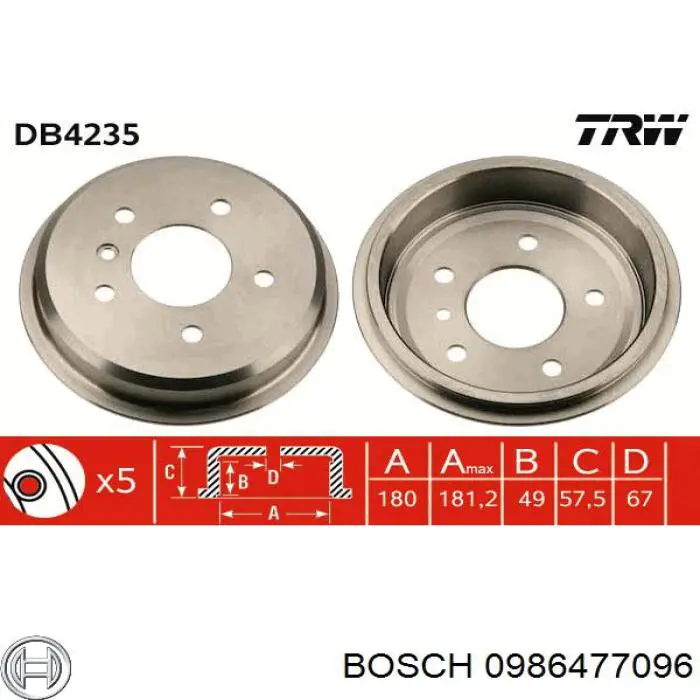 Барабан гальмівний задній Bosch 0986477096 ціна, від 27.74 USD