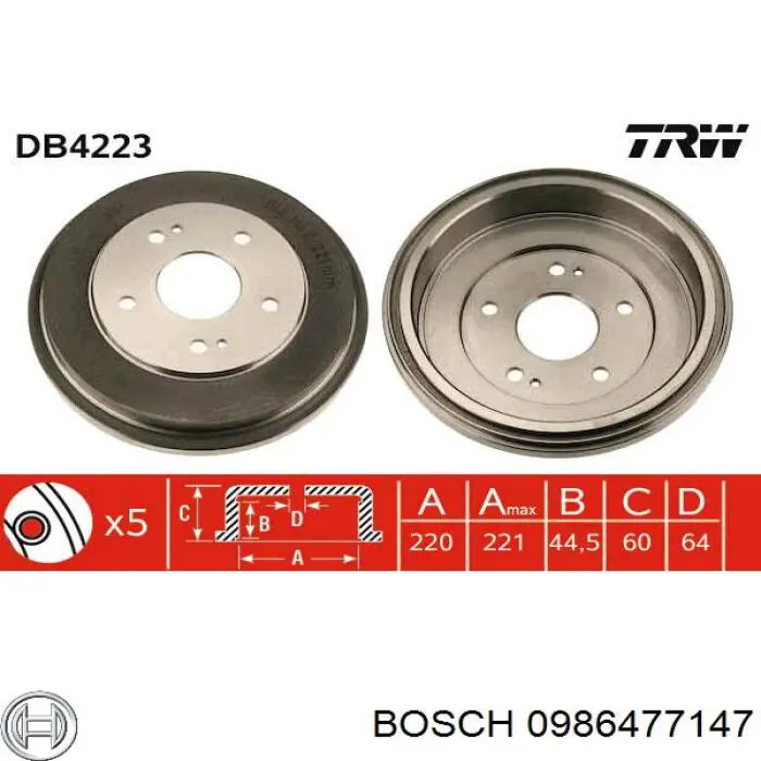 Барабан гальмівний задній Bosch 0986477147 ціна, від 36.09 USD