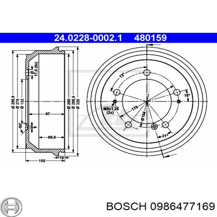 Барабан гальмівний задній Bosch 0986477169 ціна, від 62.87 USD