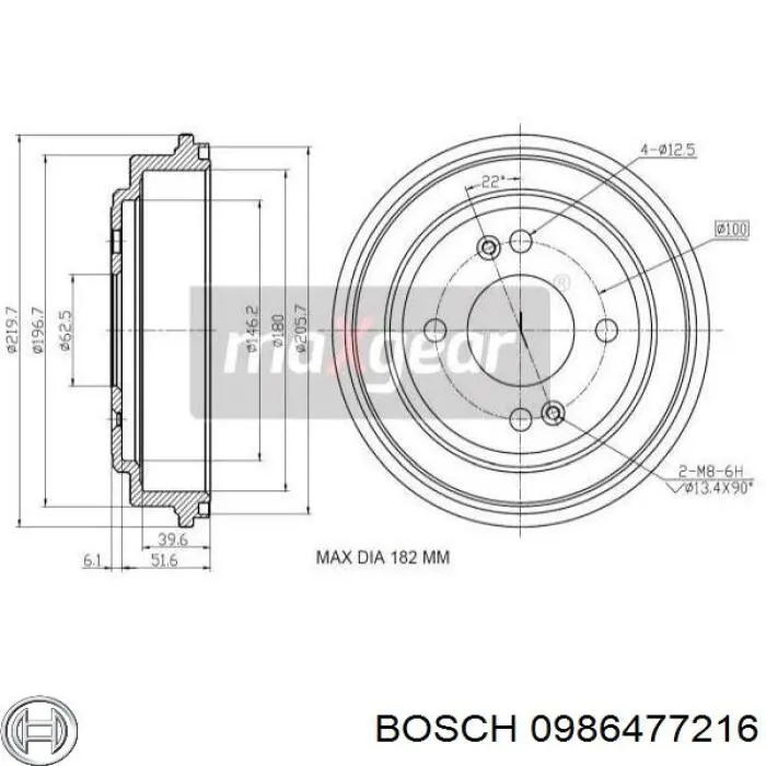 Барабан гальмівний задній Bosch 0986477216 ціна, від 36.46 USD