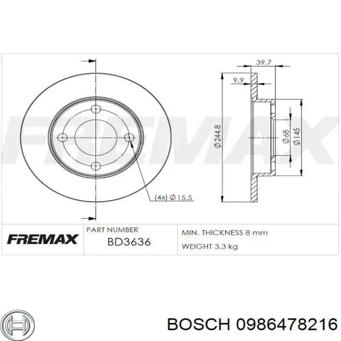 Купити 0986478216 Bosch Диск заднього гальма