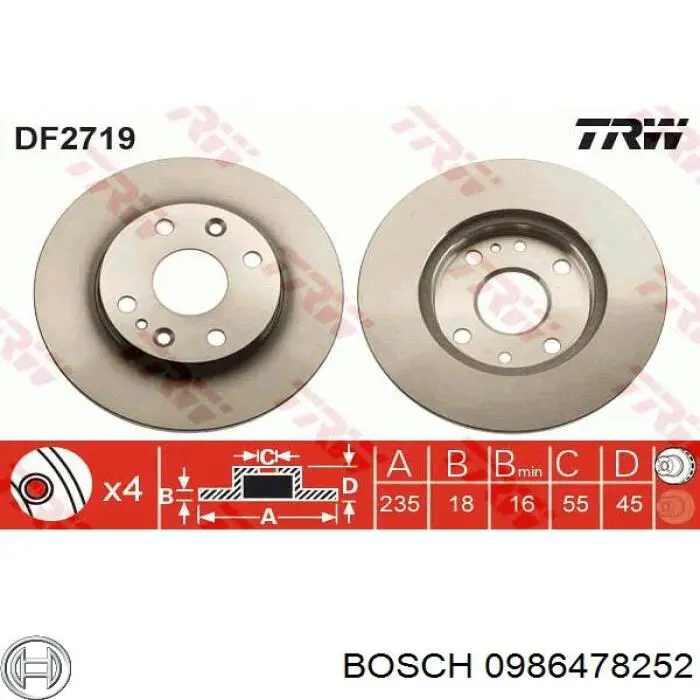Гальмівні диски передні 0986478252 Bosch