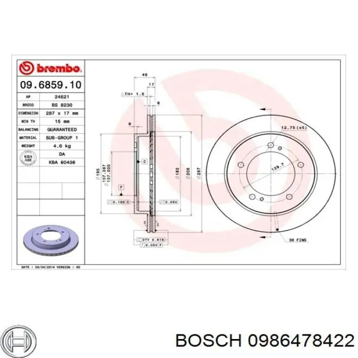 Гальмівні диски передні 0986478422 Bosch