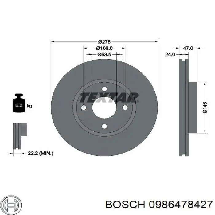 Диск переднього гальма Bosch 0986478427 ціна, від 35.62 USD