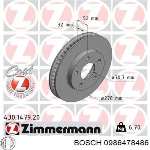 Гальмівні диски передні 0986478486 Bosch
