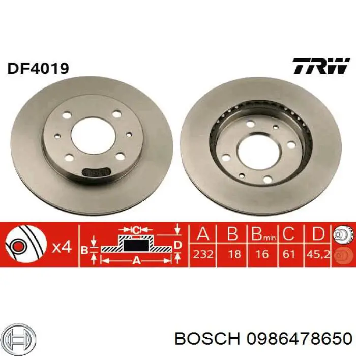 Диск гальмівний передній Bosch 0986478650