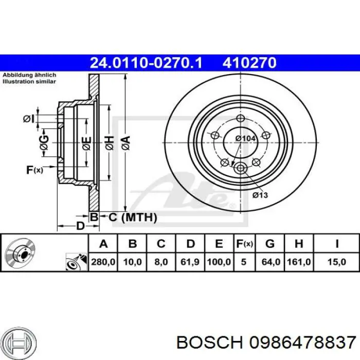 Задні дискові гальма Bosch 0986478837 ціна, від 33.86 USD