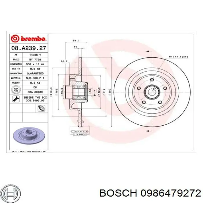 Диск гальмівний задній 0986479272 Bosch