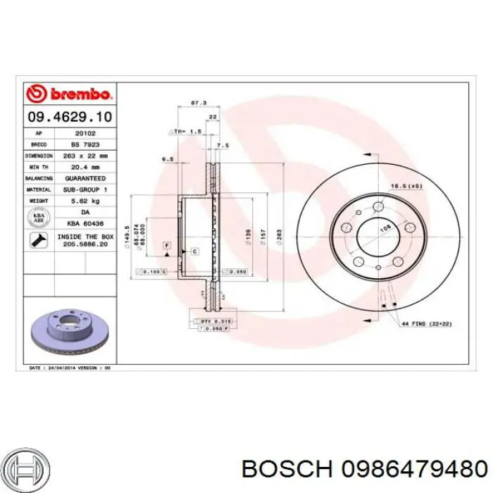 0986479480 Bosch диск гальмівний передній