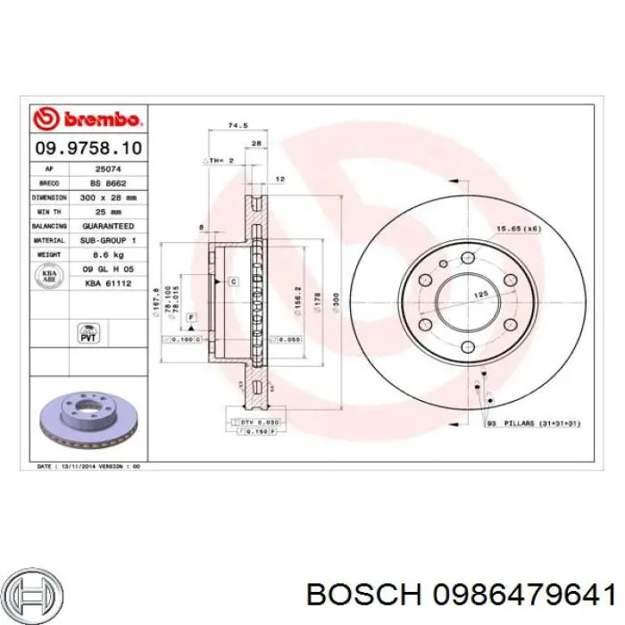 Гальмівні диски передні 0986479641 Bosch
