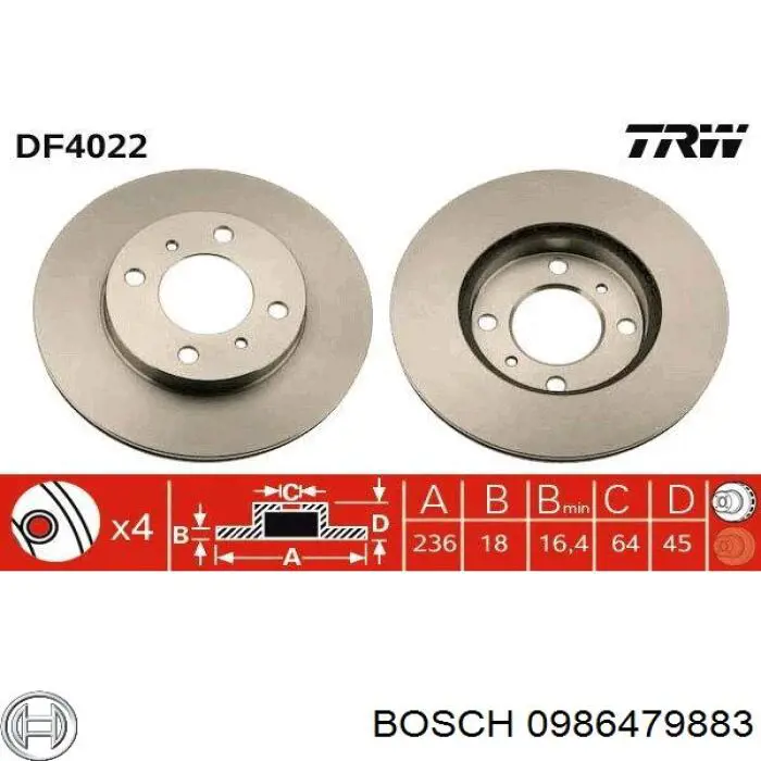 Диск гальмівний передній 0986479883 Bosch