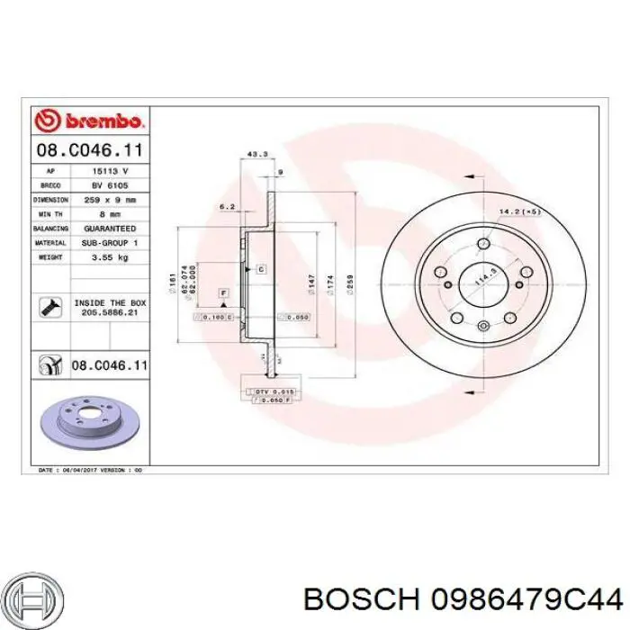 Задні дискові гальма Bosch 0986479C44 ціна, від 30.43 USD