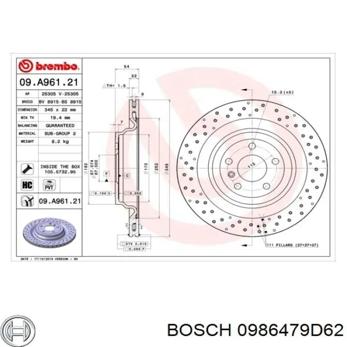 Задні дискові гальма Bosch 0986479D62 ціна, від 97.41 USD