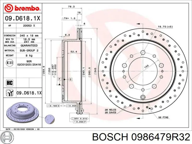 Задні дискові гальма Bosch 0986479R32 ціна, від 57.15 USD