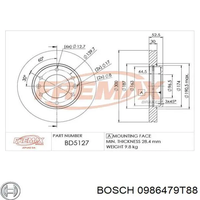 0986479T88 Bosch Гальмо дискове переднє