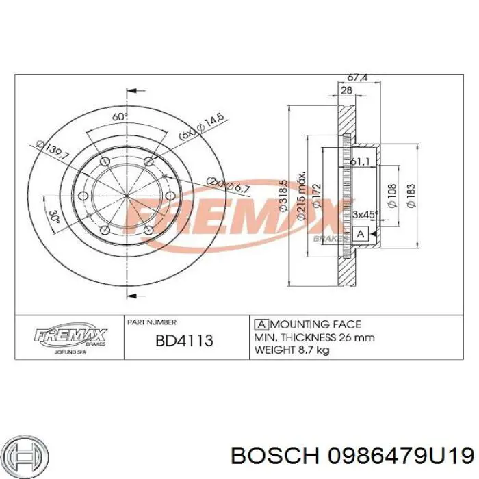 0986479U19 Bosch диск гальмівний передній