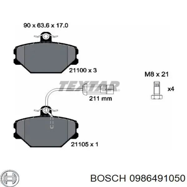 0986491050 Bosch колодки гальмівні передні, дискові