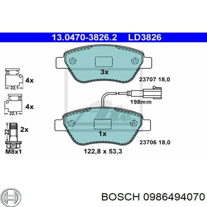 Купити 0986494070 Bosch Колодки гальмівні передні, дискові