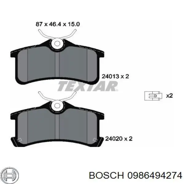 0986494274 Bosch Колодки гальмівні задні, дискові