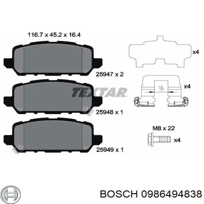 Задні гальмівні колодки 0986494838 Bosch