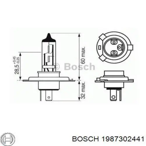 1987302441 Bosch Лампочка галогенова, дальній/ближній (Патрон P43t, напряжение 24 В, мощность 75/70 Вт, тип лампы H4)