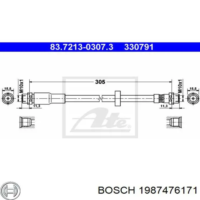 Шланг гальмівний передній Bosch 1987476171 ціна, від 9.38 USD