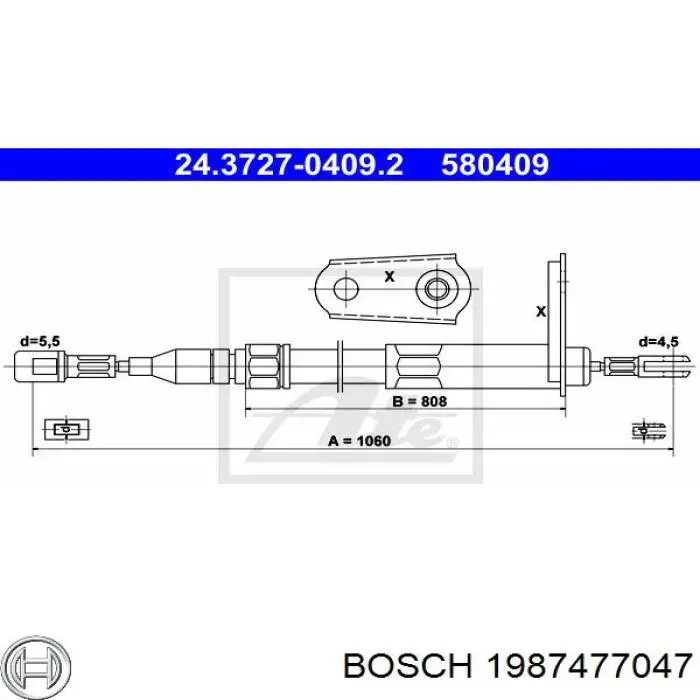 1987477047 Bosch трос ручного гальма задній, правий/лівий