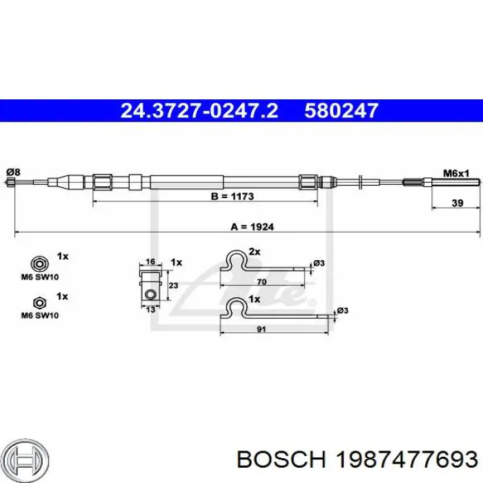 1987477693 Bosch трос ручного гальма задній, лівий
