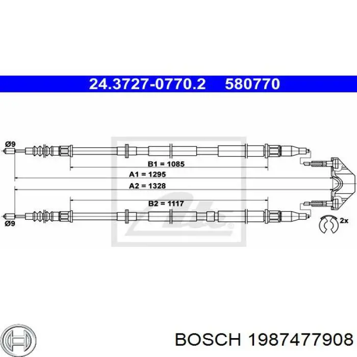 1987477908 Bosch Трос ручного гальма задній, правий/лівий