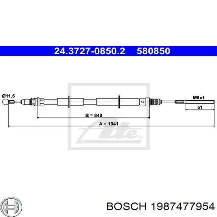 Купити 1987477954 Bosch Трос ручного гальма задній, лівий