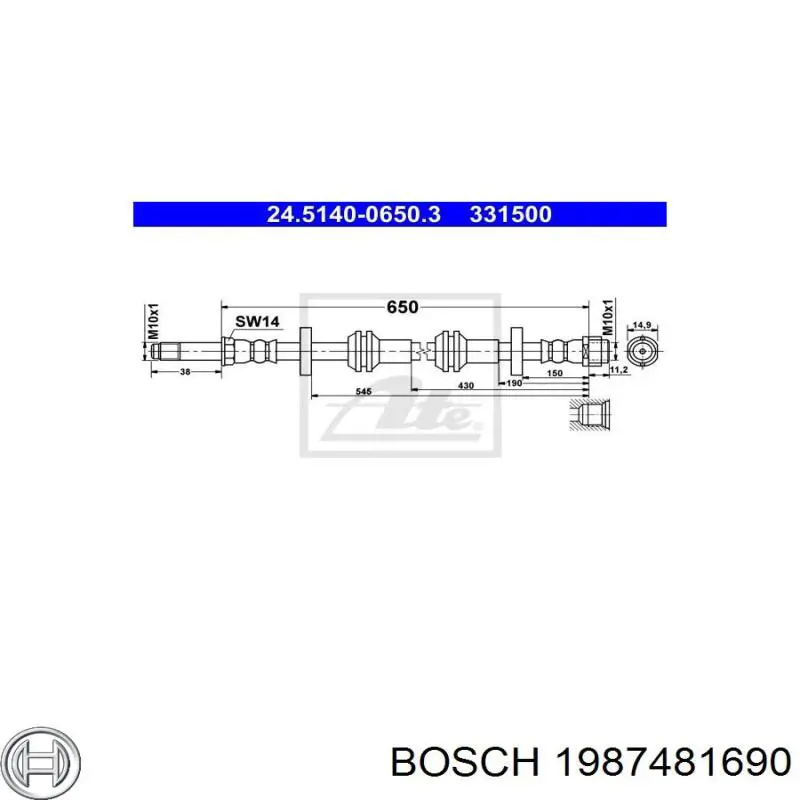 Шланг гальмівний передній 1987481690 Bosch