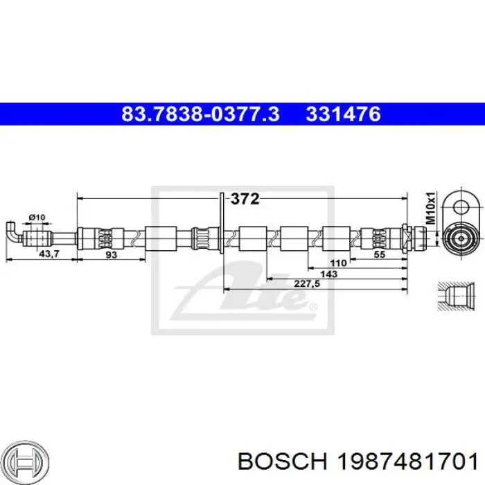 Шланг гальмівний передній, лівий Bosch 1987481701 ціна, від 12.43 USD
