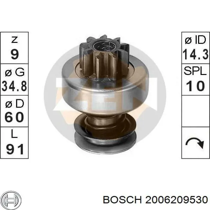 2006209530 Bosch Бендикс стартера (Тип BOSCH 2,4-4,8 кВт, 9 зубов)
