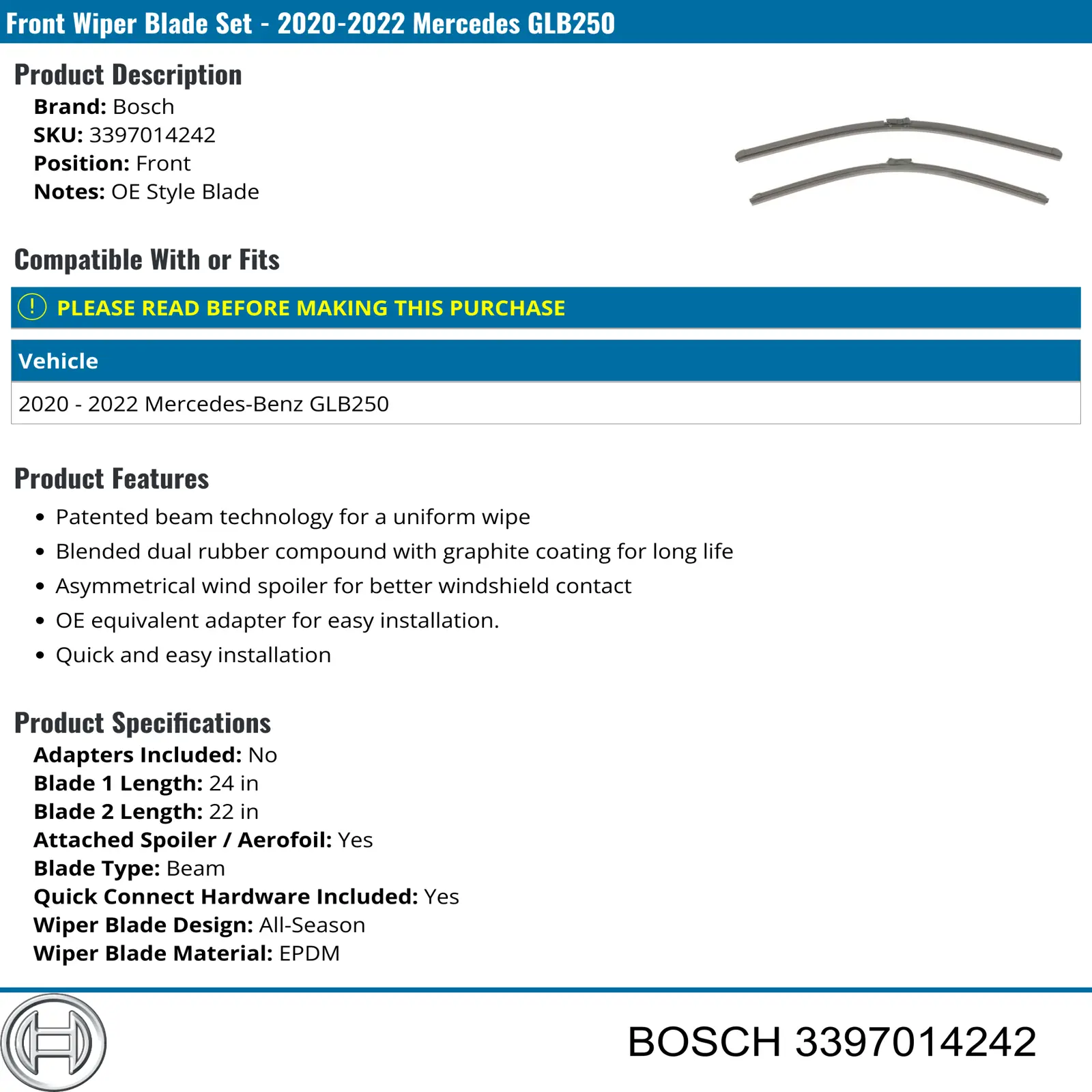 Щітки склоочисника 3397014242 Bosch