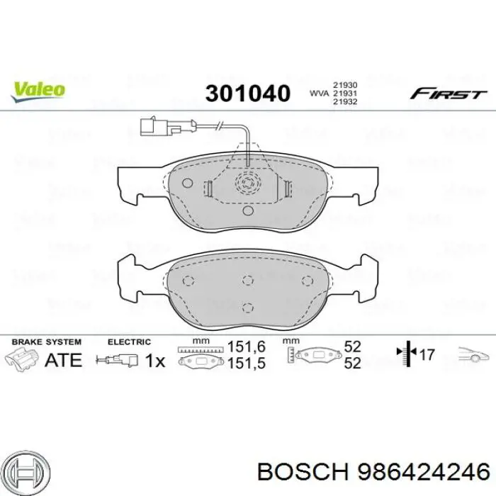 986424246 Bosch колодки гальмівні передні, дискові